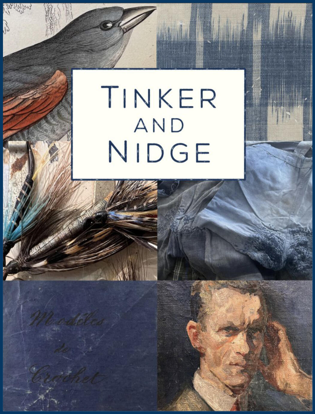 A postcard layout of photos that shows the well-storied goods Tinker and Nidge sell.